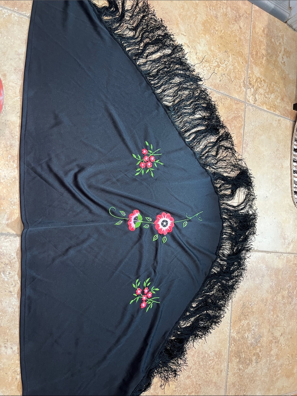 Black Floral Fringe Shawl with Pink Embroidery